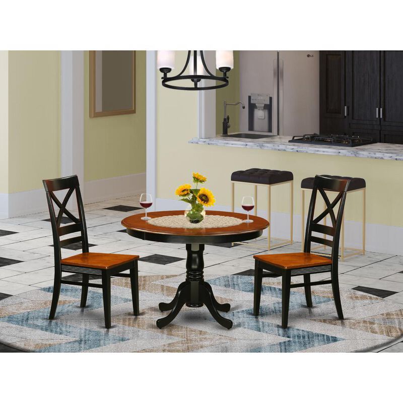 3 Pc set with a Round Dinette Table and 2 Leather Kitchen Chairs in Black and Cherry
