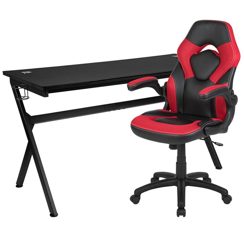 Flash Furniture Gaming Desk and Red/Black Racing Chair Set/Cup Holder/Headphone Hook/Removable Mouse Pad Top - 2 Wire Management Holes