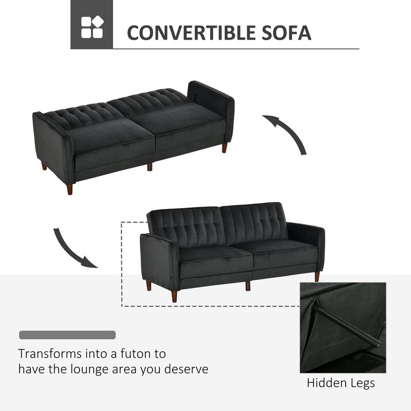 Sofa Bed Convertible Chair Sleeper Futon with Split Back Design Recline, Thick Padded Velvet-Touch Cushion and Wood Legs, Black
