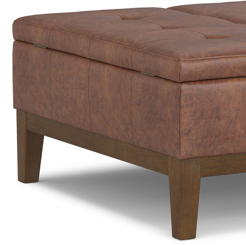 Dover 36 inch Wide Contemporary Square Lift Top Coffee Table Storage Ottoman in Distressed Saddle Brown  Vegan Faux Leather, Assembled