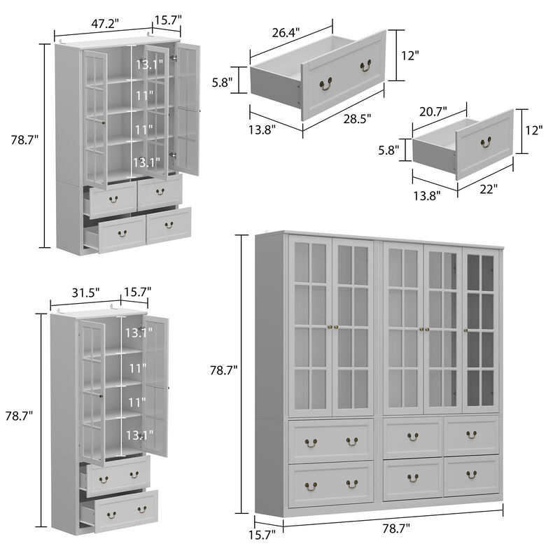 FUFU&GAGA 12-Shelf Wood Sideboards with Glass Doors & 6 Drawers,  Elegant and Spacious Storage Solution, (78.7" L x 15.7" W x 78.7" H), Black
