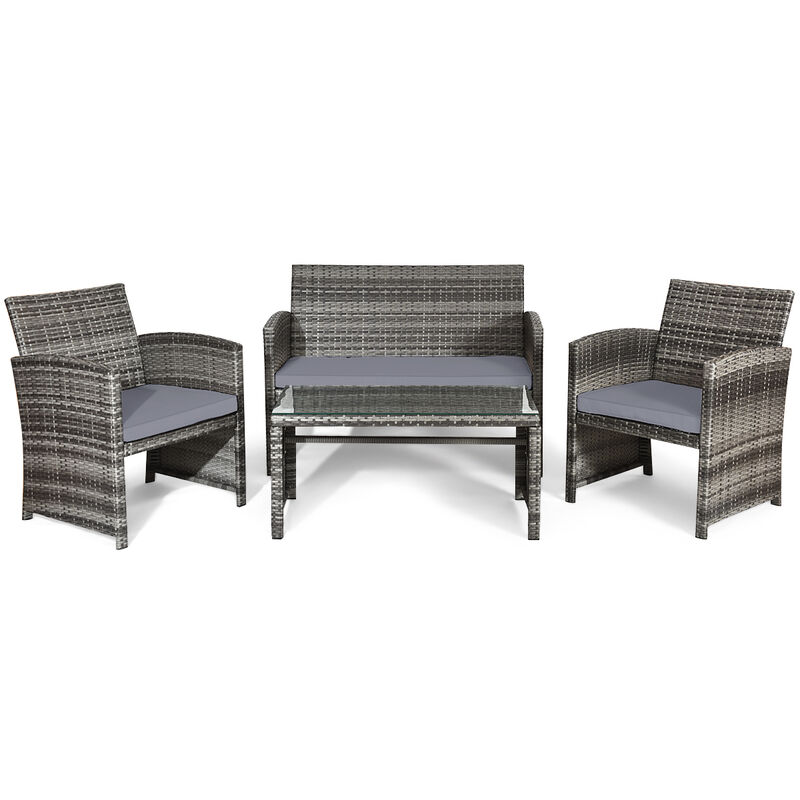 4 Pcs Patio Rattan Furniture Set Top Sofa With Glass Table