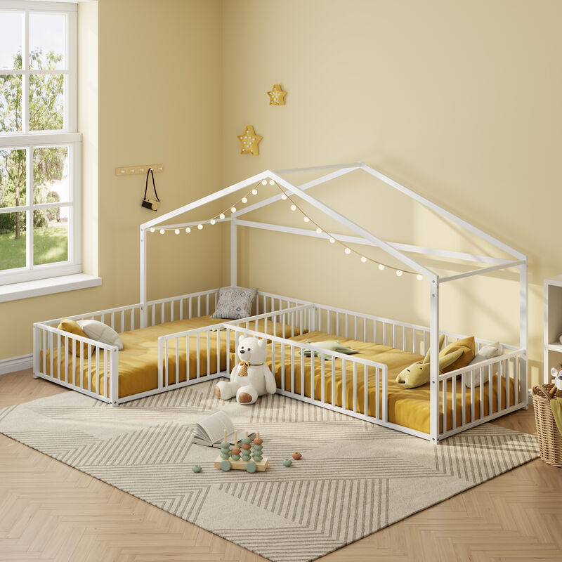 Merax Double Twin Size L-Shaped Montessori Bed, Metal Corner House Bed Frame with Fence image number 4