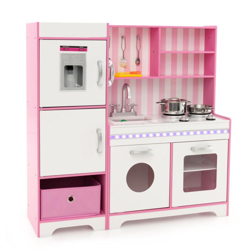 Hivvago Kids Kitchen Playset Wooden Toy with Adjustable LED Lights and Washing Machine