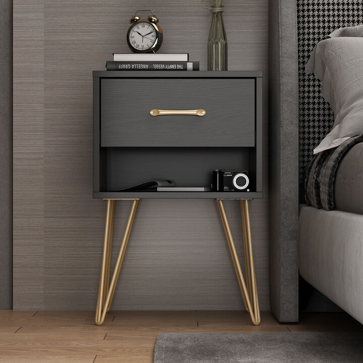 Nightstand with Drawer & Shelf, Industrial Style, Gold Metal Legs, End Table Black (15.7”W x 11.8”D x 23.6”H)