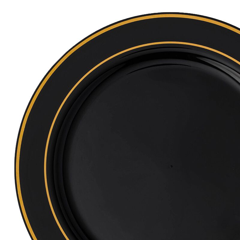 10.25" Black with Gold Edge Rim Plastic Dinner Plates (120 Plates) image number 8