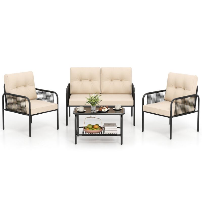 Patio Conversation Set &ndash; 4-Piece PE Wicker Sofa Set with Cushions and Table