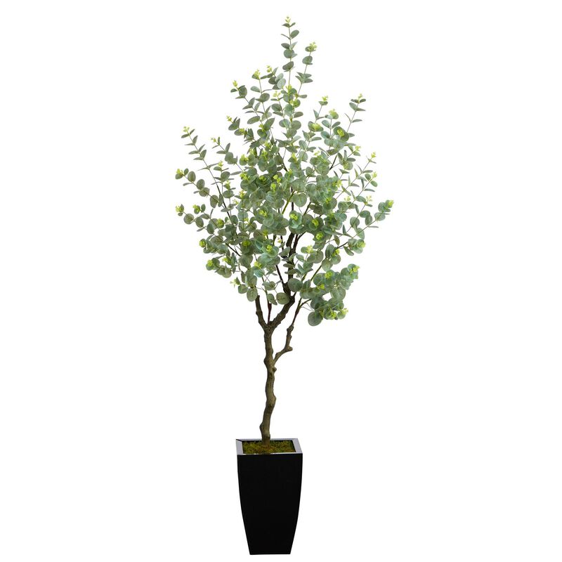 Nearly Natural 64-in Eucalyptus Artificial Tree in Black Metal Planter