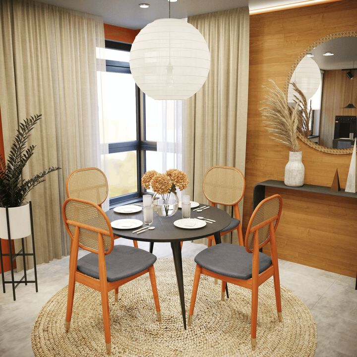 LeisureMod Holbeck Wicker Dining Chair with Upholstered Leather Seat and Beech Wood Legs, Set of 4