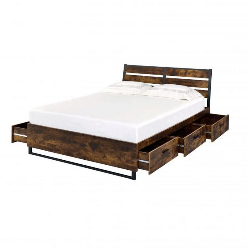 Eastern King Bed with 6 Drawers and Metal Slats, Brown and Black