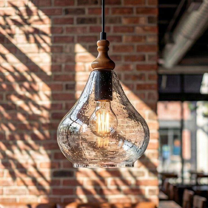 Farmhouse Seeded Glass Teardrop Pendant Lights, Wood Accent, Set of Three