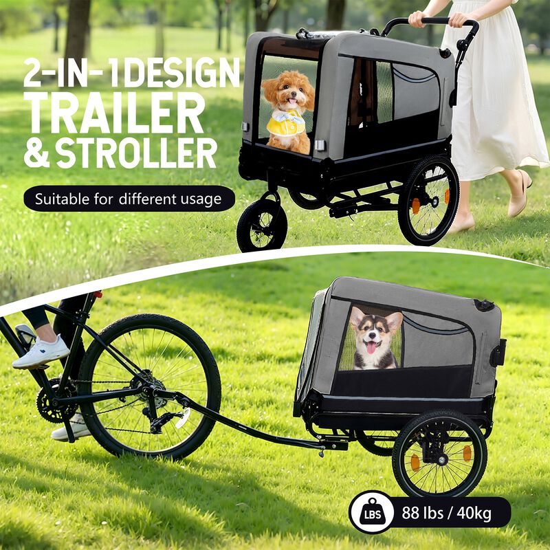 88LB Capacity 2-in-1 Pet Bike Trailer & Push Cart with All-Terrain Wheels image number 6