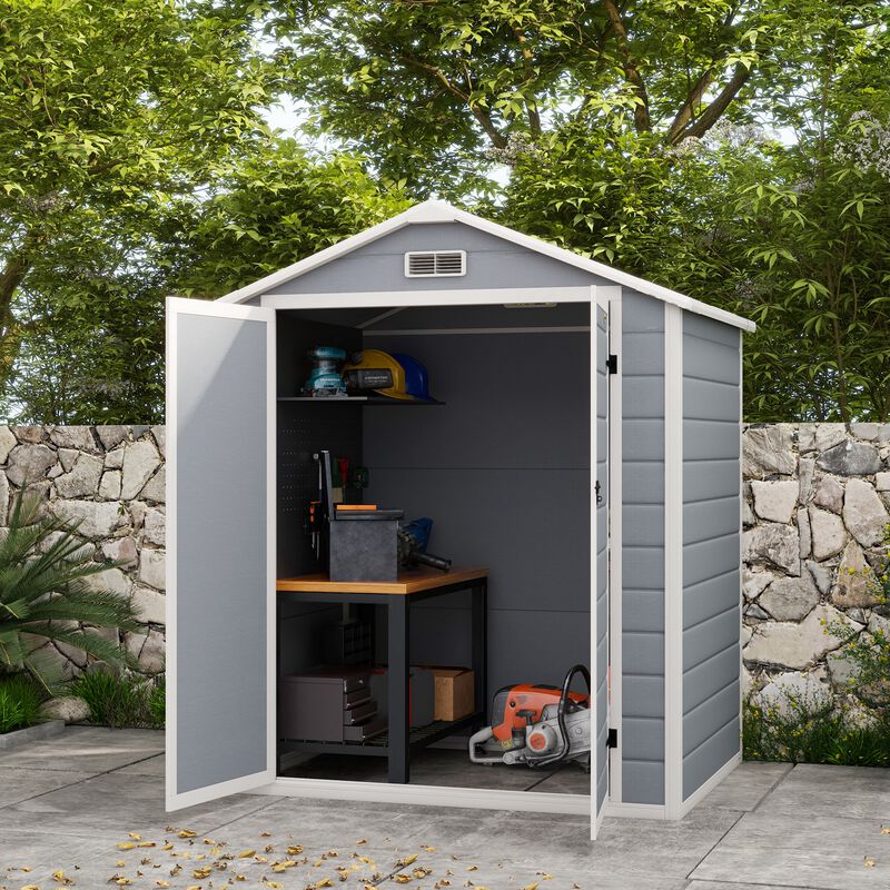 Outsunny Outdoor Storage Shed, 6 x 4.5FT Garden Shed with Double Lockable Doors, Vent and Window, Plastic Utility Tool Shed for Backyard, Patio, Garage, Lawn, Gray