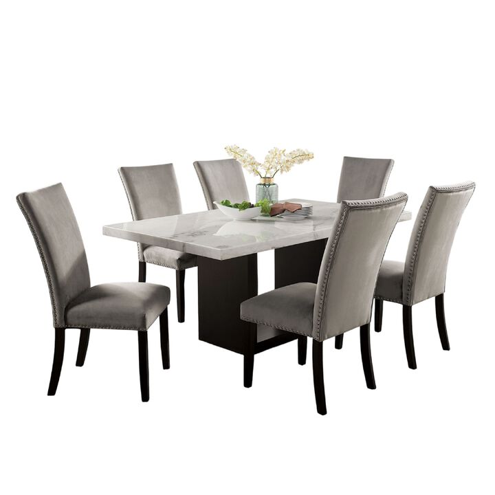 Ronda 7pc Dining Table Set with Marble Top, Fabric Chairs