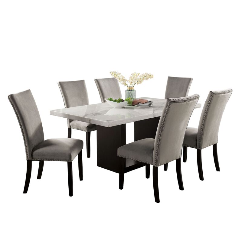 Ronda 7pc Dining Table Set with Marble Top, Fabric Chairs image number 0