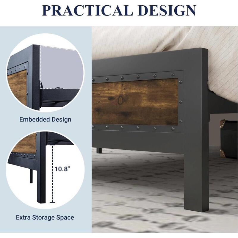 Hivvago Full Industrial Rivet Platform Bed Frame with Headboard in Rustic Wood Finish