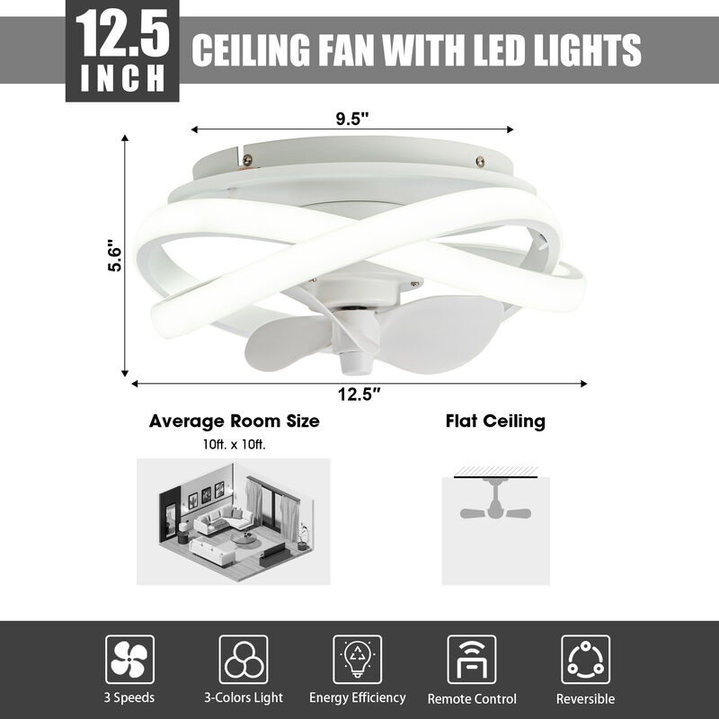 12.5" Modern White Flush Mount Ceiling Fan with LED Light