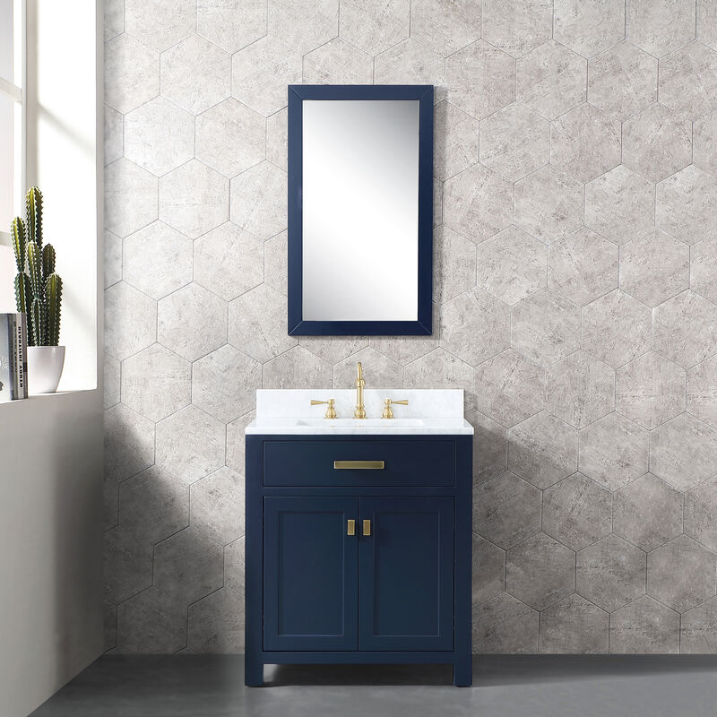 Madison 30 In. Single Sink Carrara White Marble Countertop Bath Vanity In Monarch Blue with Satin Gold Hardware
