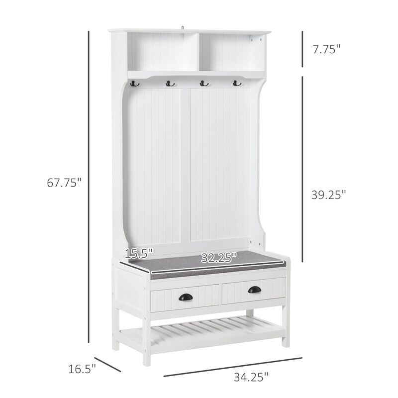 White Entryway Organizer: Hall Tree with Coat Rack and Shoe Storage