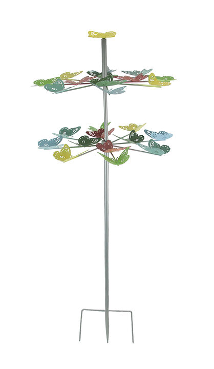 Colorful Two Tier Metal Butterfly Horizontal Spinning Garden Stake