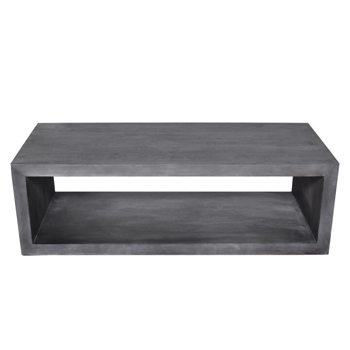 58" Cube Shaped Wooden Coffee Table with Open Bottom Shelf, Charcoal Gray
