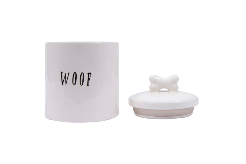 Ceramic Dog Treat Jar with "Woof" Message and Bone Handle Lid, White and Black image number 3