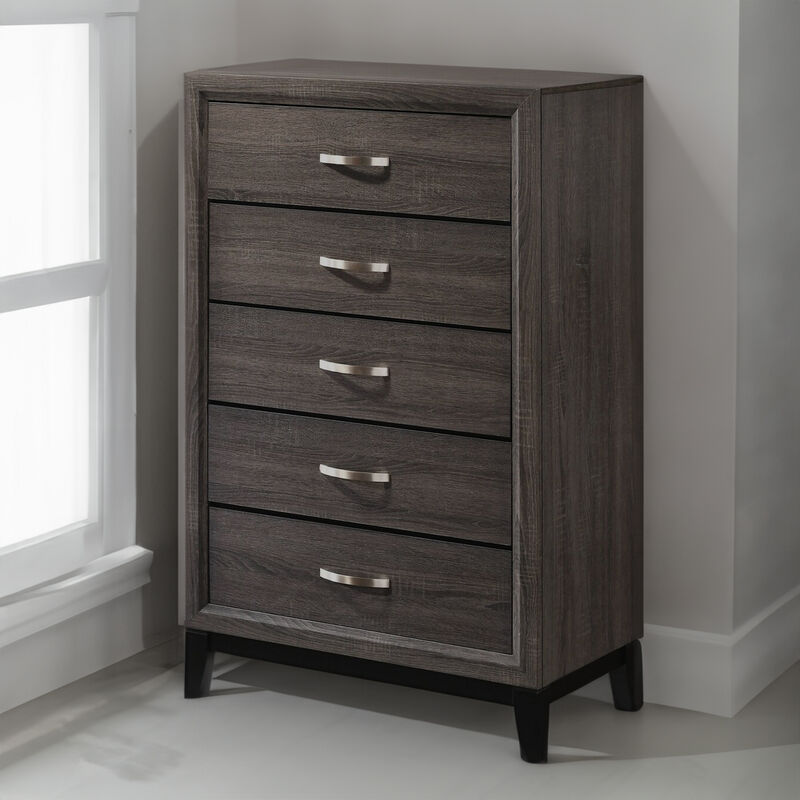 50 Inch Classic 5 Drawer Tall Dresser Chest with Metal Handles, Oak Gray - Benzara