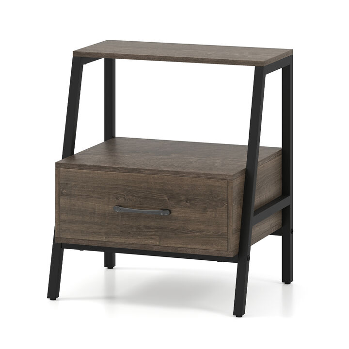 3-Tier Farmhouse Nightstand with Open Shelf for Bedroom Storage