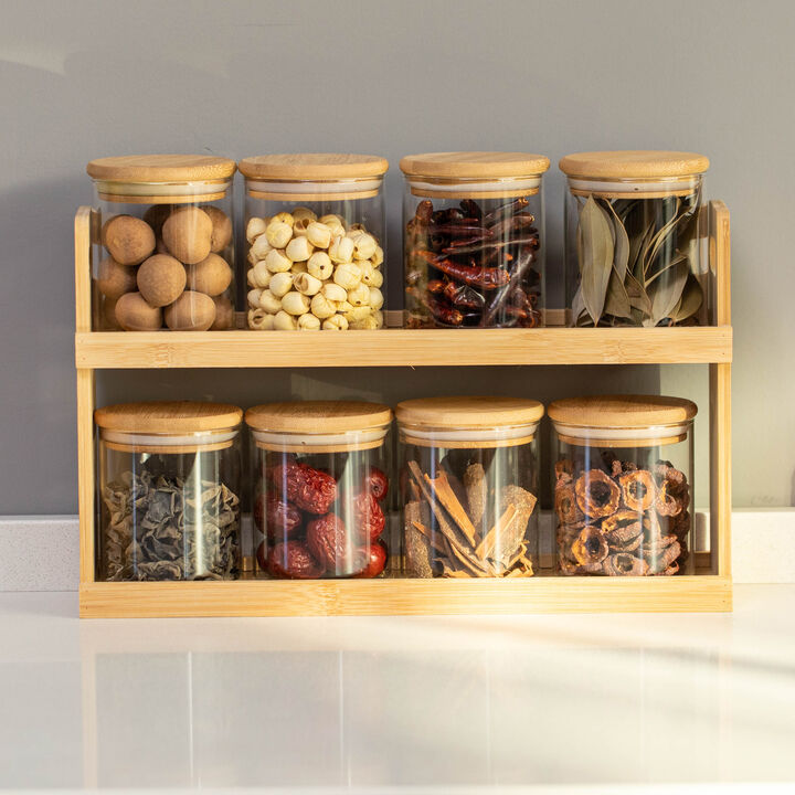 Basicwise Versatile 2-Tier Bamboo Spice Rack and Pantry Organizer with 8 Glass Jars – Perfect for Countertop Storage in Kitchens to Keep  Seasoning Containers Neatly Displayed and Easily Accessible