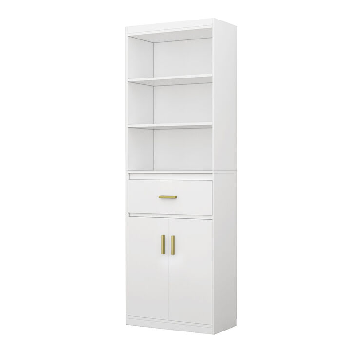 70.8 in. H 2-Door White Wood Storage Accent Cabinet Display Cabinet with Drawer and 3 Tier Open Shelves