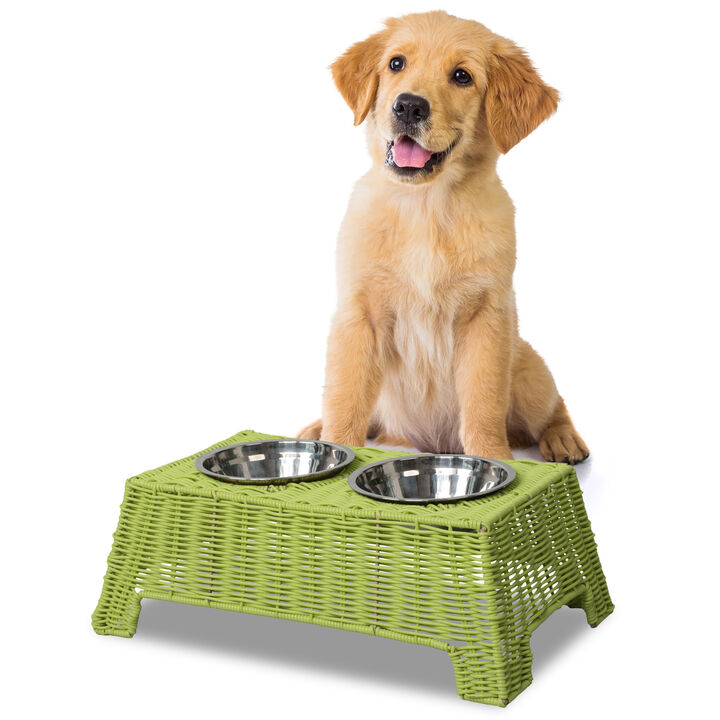 Serenity 6.9" Elevated Wicker Pet Feeder with 18oz (2.2 Cups) 2-Stainless Steel Bowls