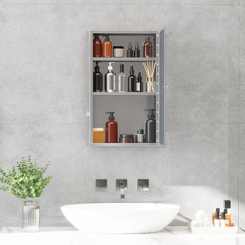 24"x16" Bathroom Mirrored Medicine Cabinet Storage 3 Shelves Stainless Steel