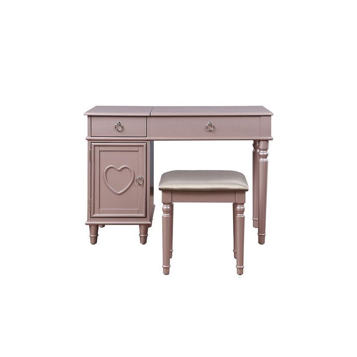 43 Inch Vanity Set, Accent Mirror, Included Matching Stool, Rose Gold Wood-Benzara