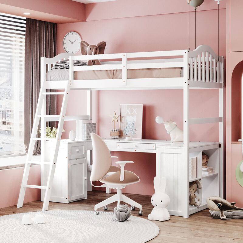 Twin size Loft Bed with Drawers, Cabinet, Shelves and Desk, Wooden Loft Bed with Desk - White image number 1
