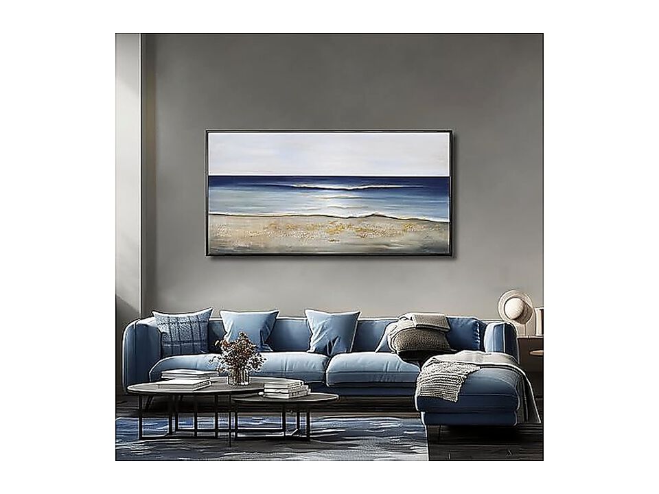 Ocean Wall Art Large Framed Decor Blue Gold Aesthetic Living Room Bedroom Dining
