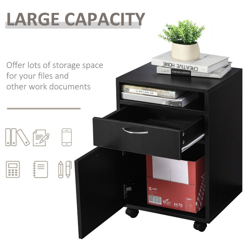 Black Mobile Organizer: Printer Stand with Drawer and Castors for Office