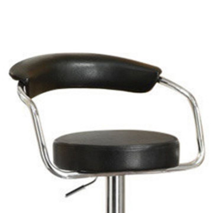Round Seat Bar Stool With Gas Lift Black and Silver Set of 2-Benzara