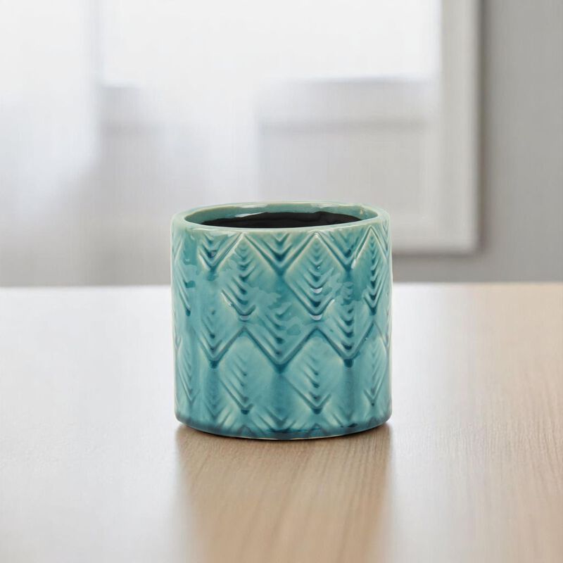 HomeRoots Turquoise Ceramic 22 Ounce Geometric Round Distressed Pot Planter image number 1