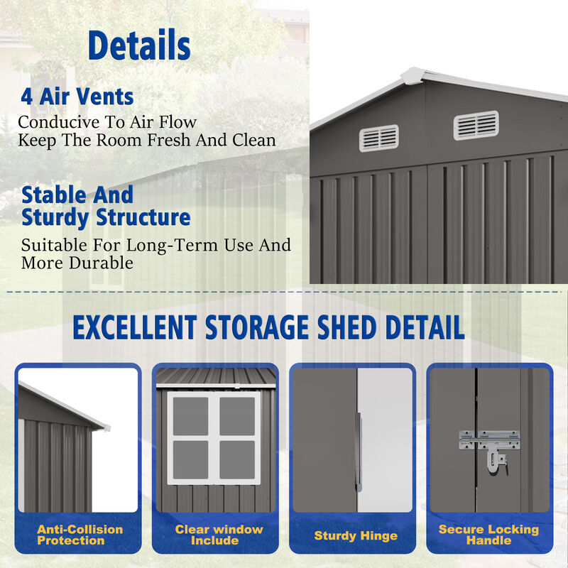 10x8 FT Large Metal Storage Shed, Lockable Door and Air Vent, Clear Window image number 5