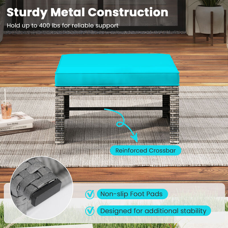 2 Pieces Patio PE Rattan Ottomans with Soft Zippered Cushions for Deck