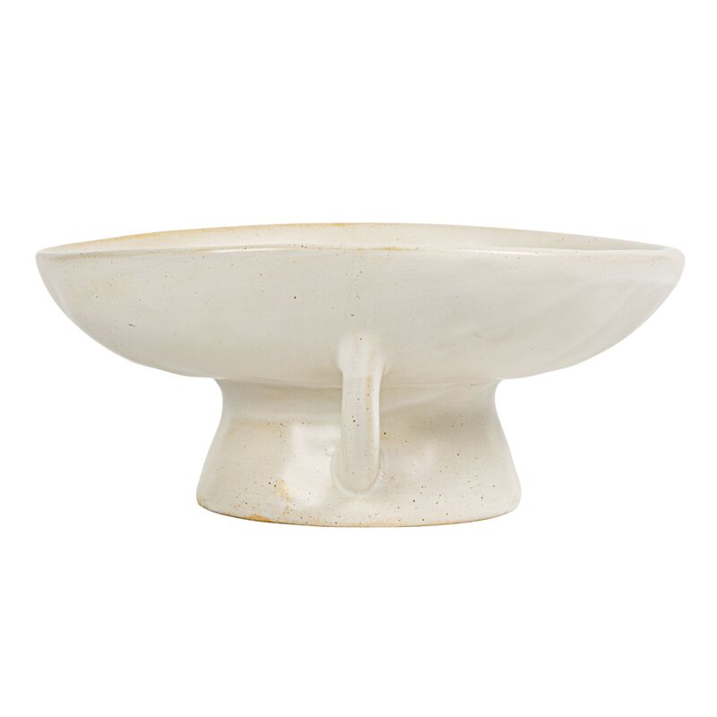 Stoneware Footed Pedestal/Bowl with Handles, Reactive Glaze, White image number 3