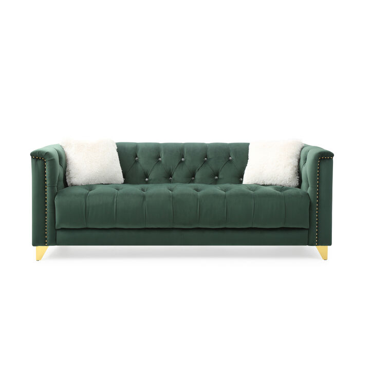 Russell Tufted Upholstery Sofa Finished in Velvet Fabric in Green