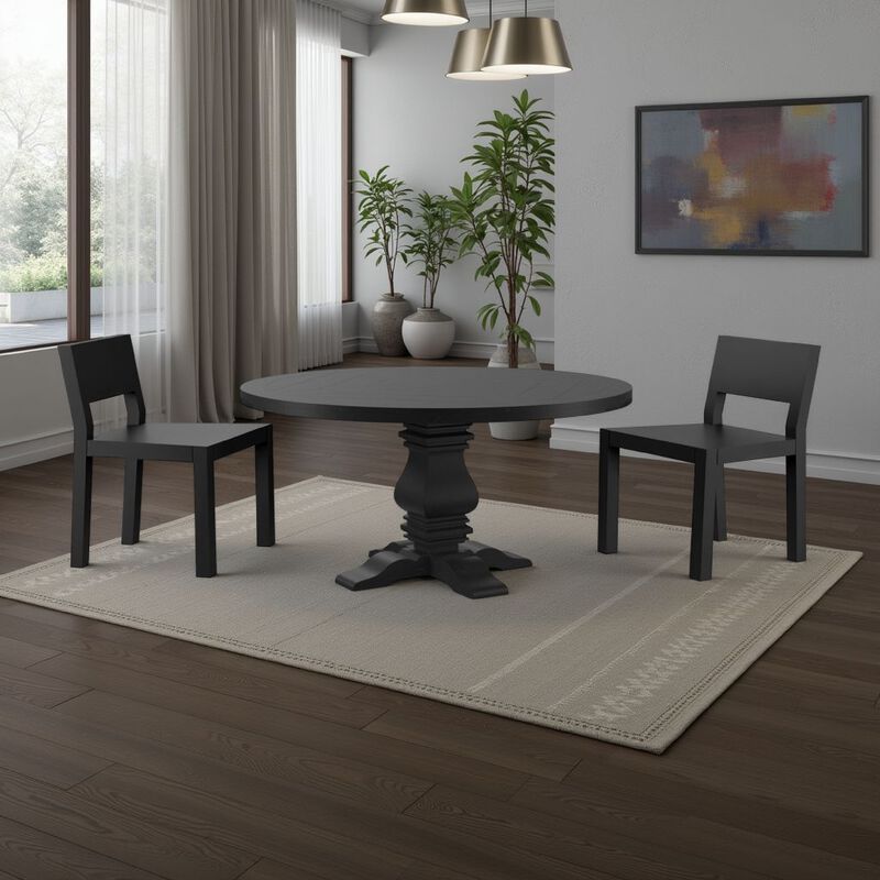 Som Dining Table with Pedestal Base, Antique Style Black 60 Inch Round - Benzara