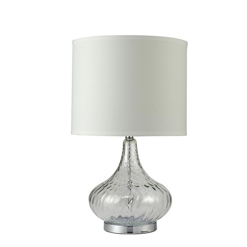 Table Lamp with Pot Bellied Glass Body, Clear and White - Benzara
