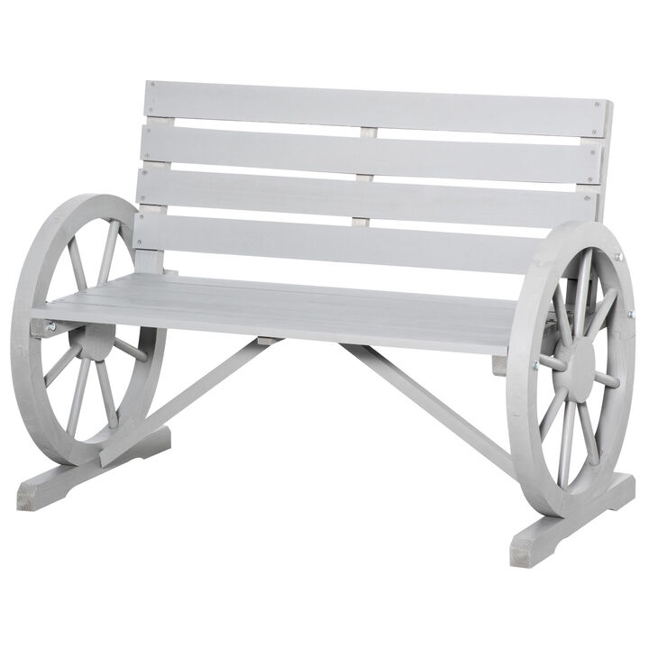 Outsunny 41" Wooden Wagon Wheel Bench, Rustic Outdoor Patio Weather Resistance Furniture, 2-Person Slatted Seat Bench with Backrest, Light Gray