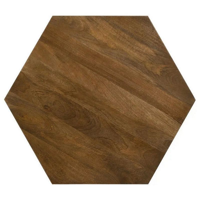 35 Inch Wood Drum Coffee Table, Artisan Hexagonal Rich Natural Brown Finish image number 3