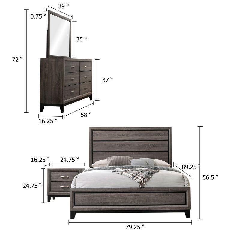 Mela 4pc Cal King Bedroom Set, Nightstand Dresser and Mirror, Oak Gray