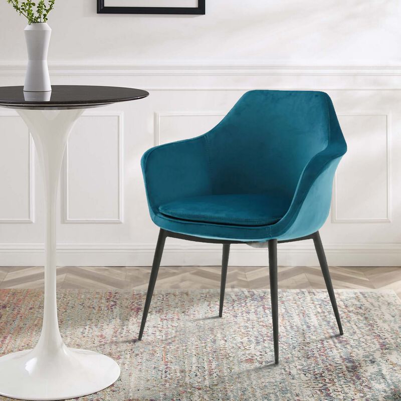 Velvet Upholstered Dining Chair with Padded Seat and Tapered Legs, Blue-Benzara