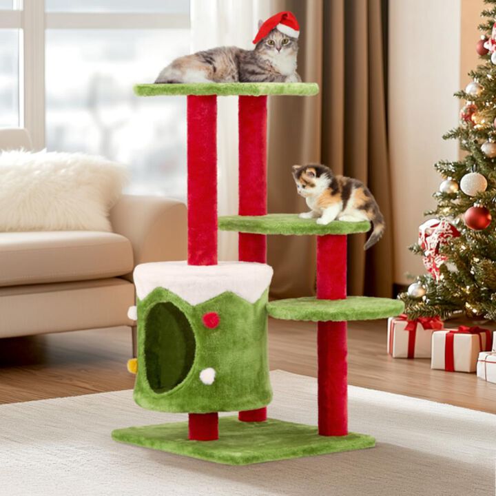 Christmas-Themed Cat Tower with Cozy Cat Condo Festive Playhouse for Cats