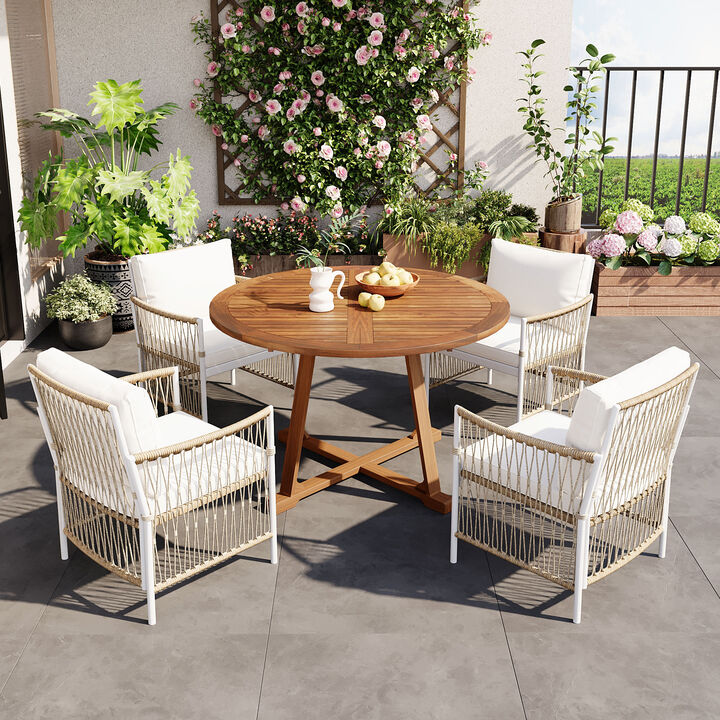 Whisen Modern 5-Piece Patio Dining Set, Extendable Wooden Round Table and Rattan Armchairs, All-Weather PE Wicker for Garden, Backyard or Poolside
